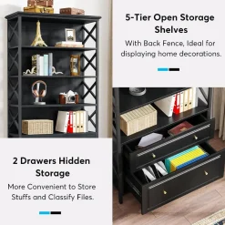 Discount Tribesigns Bookshelf, 5-Tier Bookcase Display Shelf Organizer with 2 Drawers