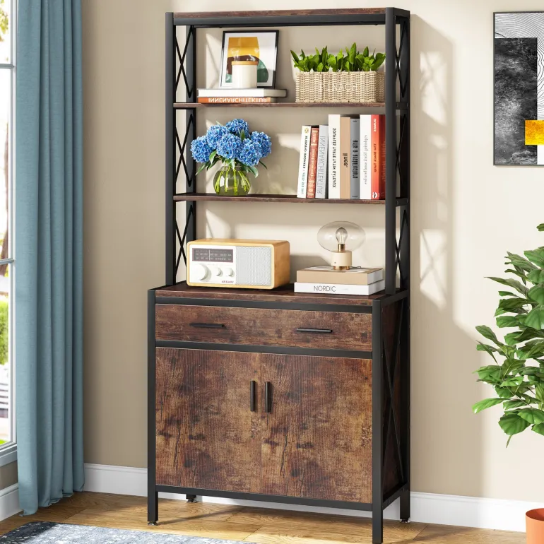 Cheap Tribesigns Bookshelf, 4-Tier Etagere Bookcase with Drawer & Cabinet