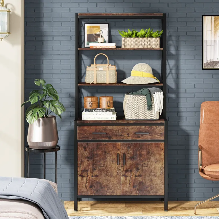 Cheap Tribesigns Bookshelf, 4-Tier Etagere Bookcase with Drawer & Cabinet