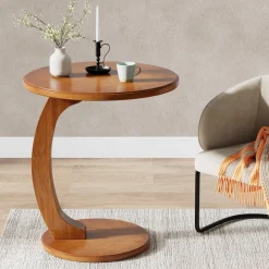 Sale Tribesigns C - Shaped End Table, Round Solid Wood Side Table for Living Room