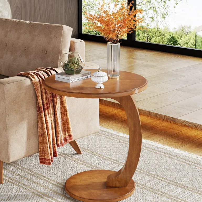 Sale Tribesigns C - Shaped End Table, Round Solid Wood Side Table for Living Room