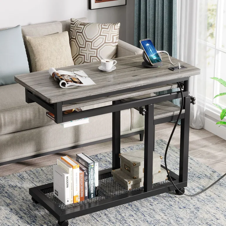 Online Tribesigns C Table, Mobile Portable Desk Side Table with Power Outlet