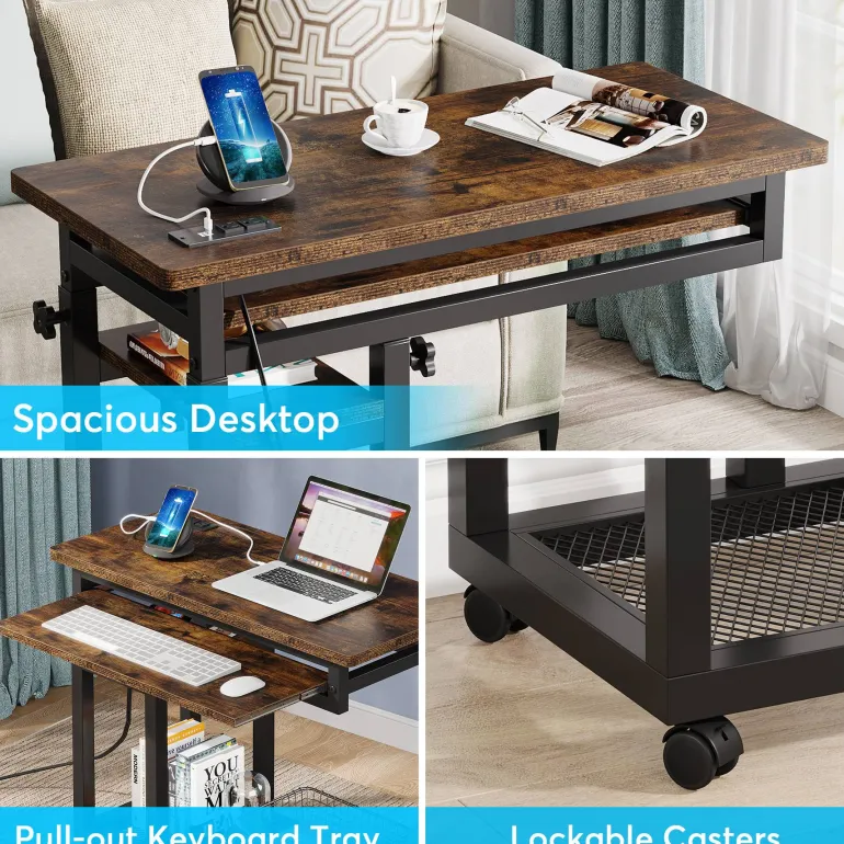 Online Tribesigns C Table, Mobile Portable Desk Side Table with Power Outlet