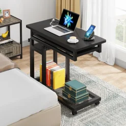 Online Tribesigns C Table, Mobile Portable Desk Side Table with Power Outlet