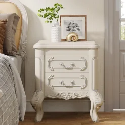 New Tribesigns Carved Nightstand, White Bedside Table End Table with 2 Drawers
