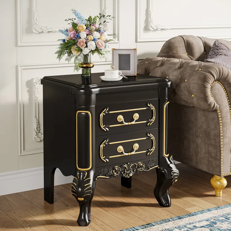 New Tribesigns Carved Nightstand, White Bedside Table End Table with 2 Drawers