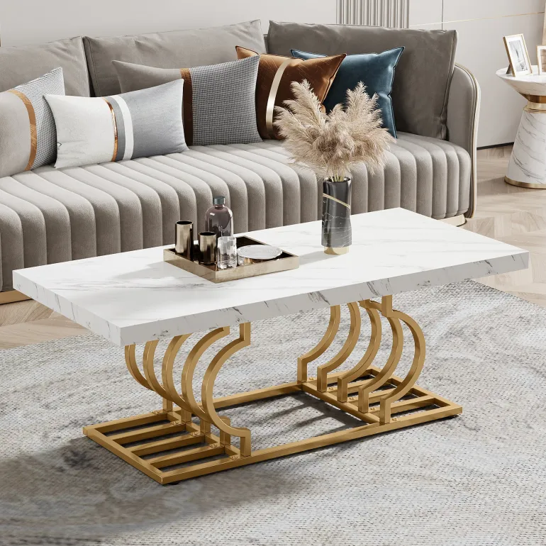 Hot Tribesigns Coffee Table, 47" Faux Marble Cocktail Table with Geometric Frame