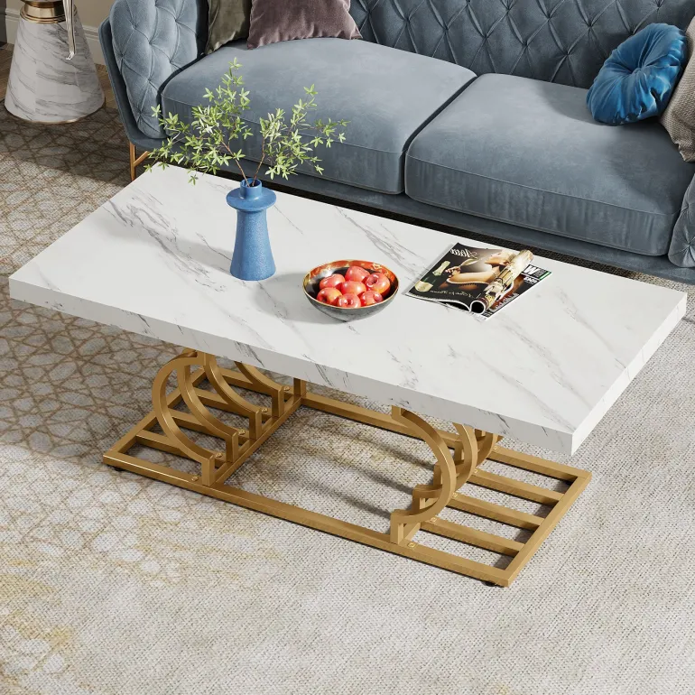 Hot Tribesigns Coffee Table, 47" Faux Marble Cocktail Table with Geometric Frame