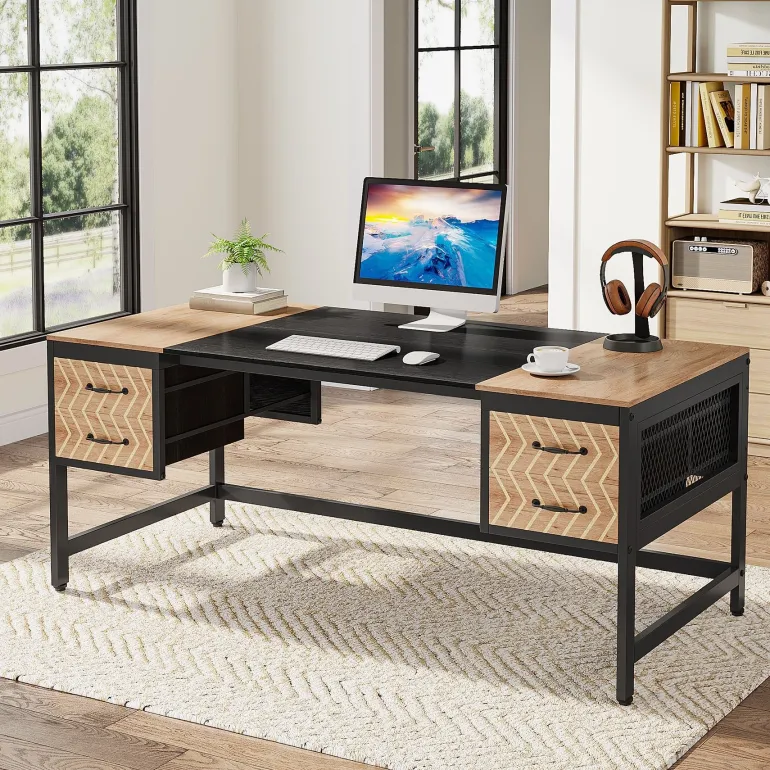Hot Tribesigns Computer Desk, 63" Executive Desk Writing Table with 4 Storage Drawers