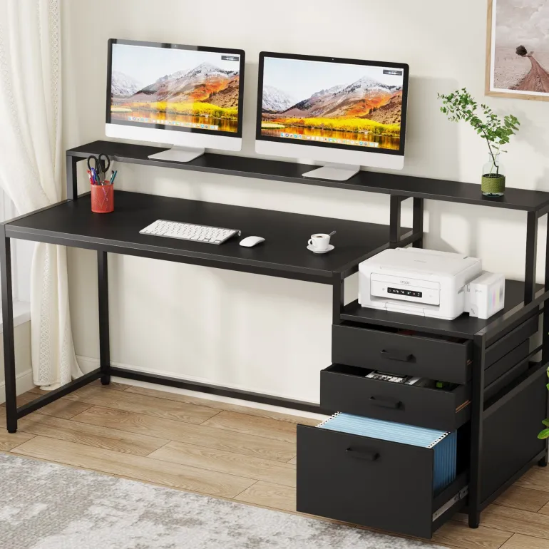 New Tribesigns Computer Desk, 63" Home Office Desk with Drawers & Monitor Stand