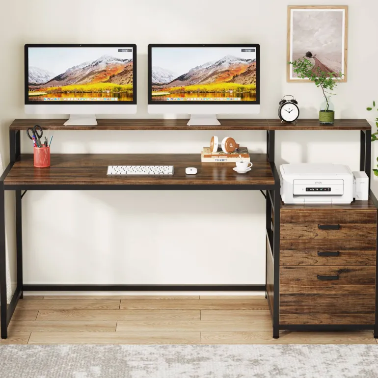 New Tribesigns Computer Desk, 63" Home Office Desk with Drawers & Monitor Stand
