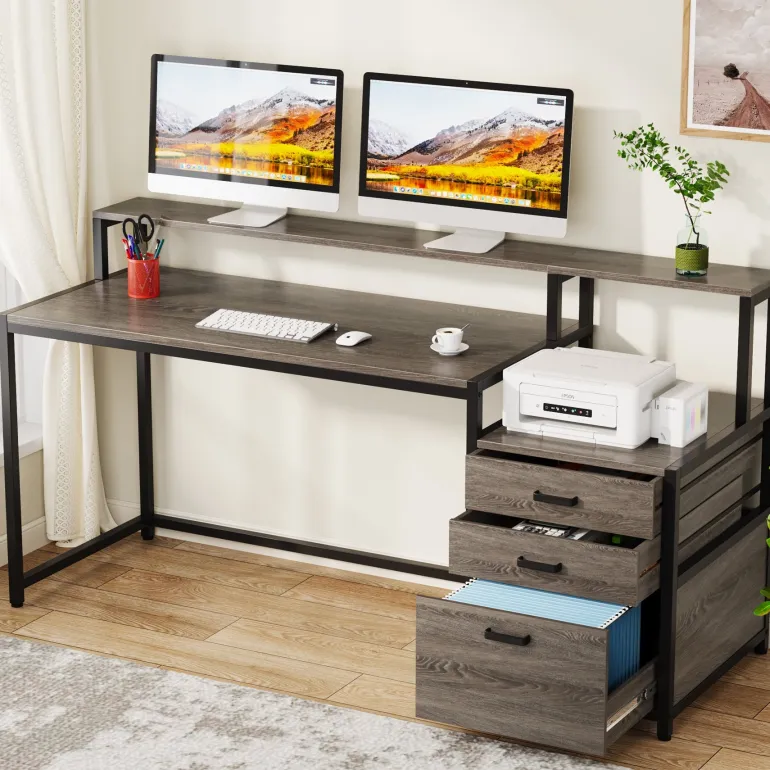 New Tribesigns Computer Desk, 63" Home Office Desk with Drawers & Monitor Stand