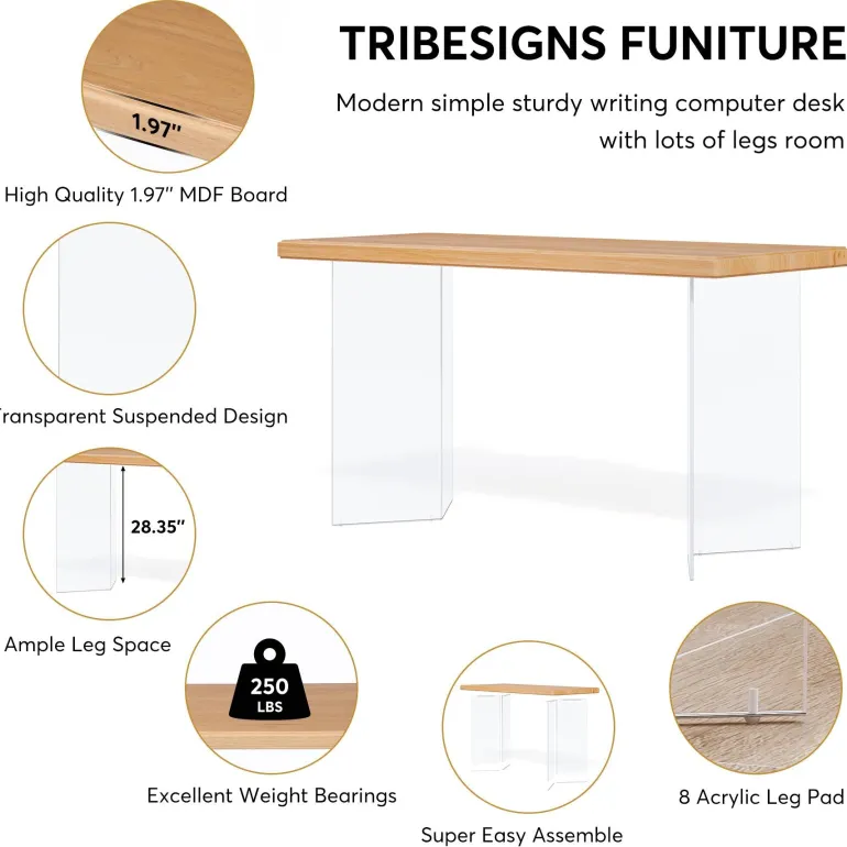 Discount Tribesigns Computer Desk, 55" Modern Study Writing Table with Acrylic Legs
