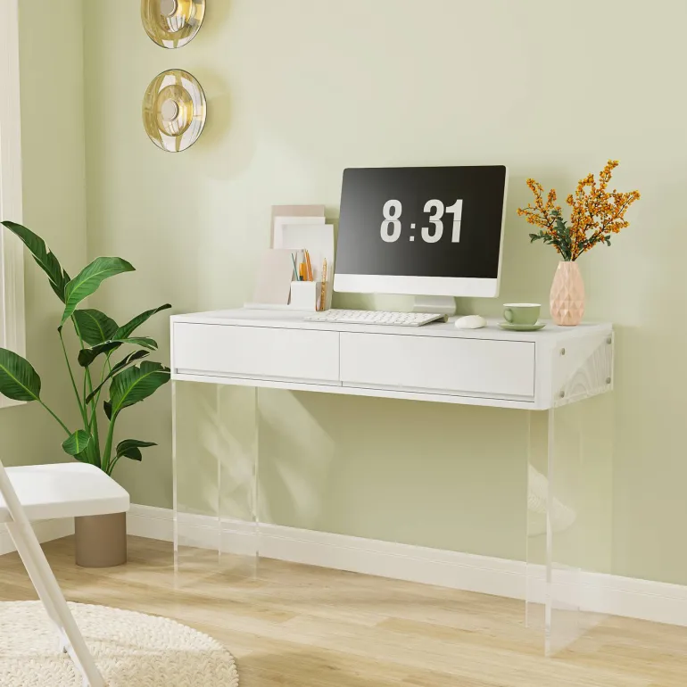 Outlet Tribesigns Computer Desk, 38" Writing Desk with 2 Drawers & Acrylic Legs