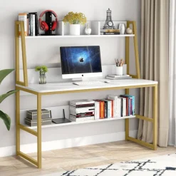 Hot Tribesigns Computer Desk, Heavy Duty Writing Desk with Hutch & Bookshelf