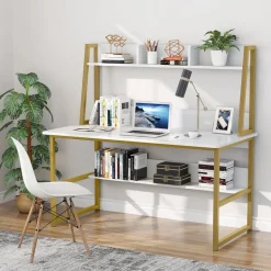 Hot Tribesigns Computer Desk, Heavy Duty Writing Desk with Hutch & Bookshelf