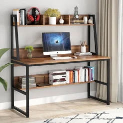 Hot Tribesigns Computer Desk, Heavy Duty Writing Desk with Hutch & Bookshelf