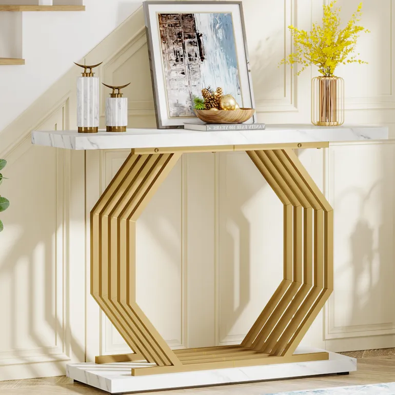 Sale Tribesigns Console Table, 40" Faux Marble Sofa Table with Geometric Metal Base