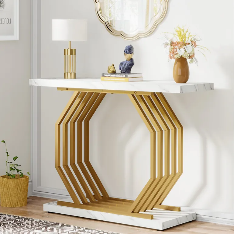 Sale Tribesigns Console Table, 40" Faux Marble Sofa Table with Geometric Metal Base