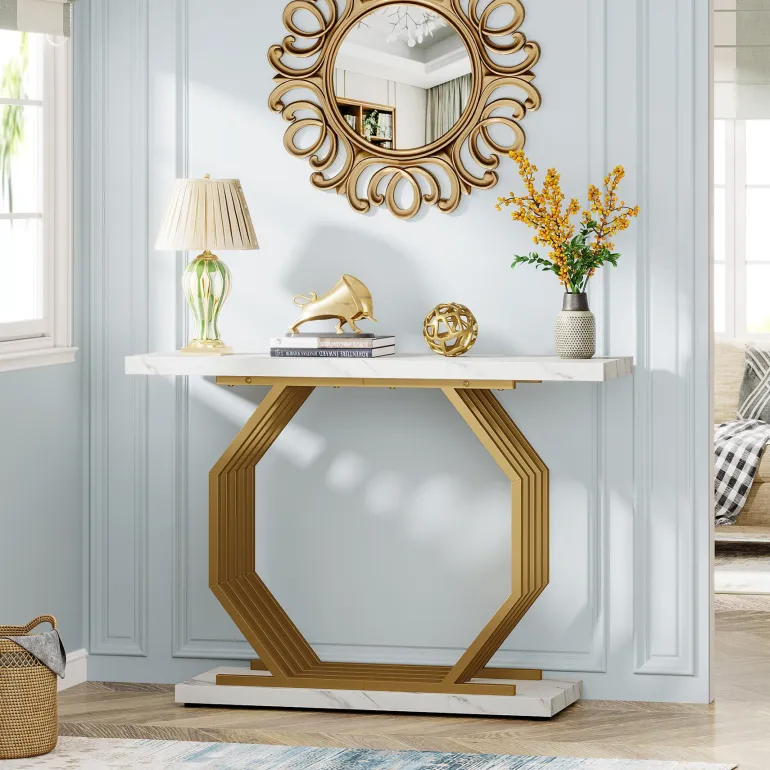 Sale Tribesigns Console Table, 40" Faux Marble Sofa Table with Geometric Metal Base