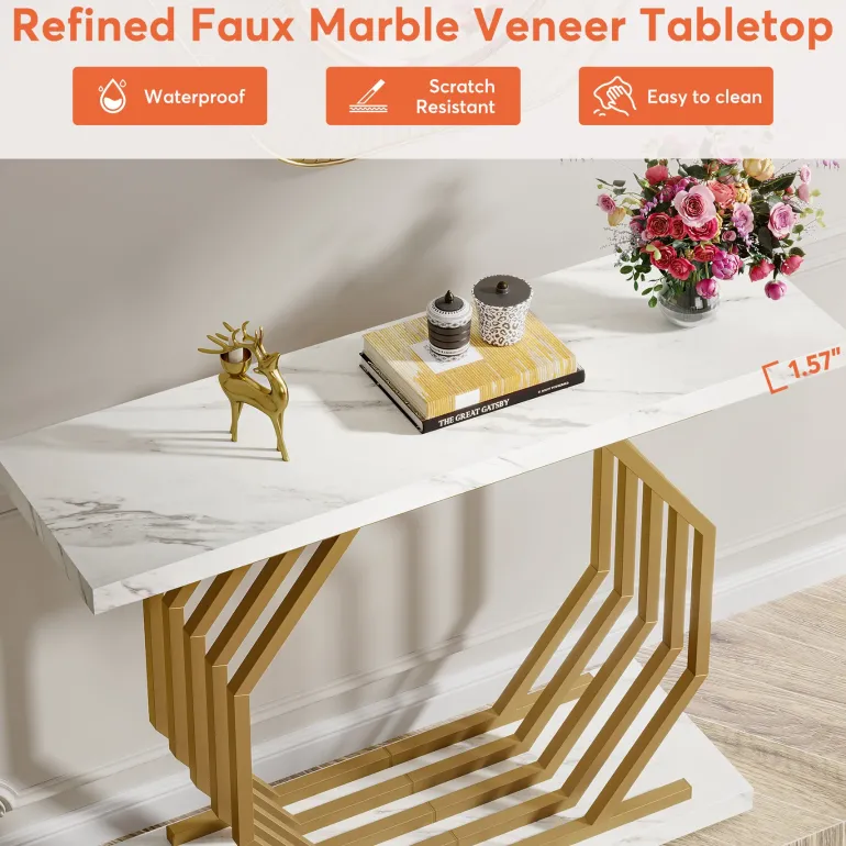 Sale Tribesigns Console Table, 40" Faux Marble Sofa Table with Geometric Metal Base