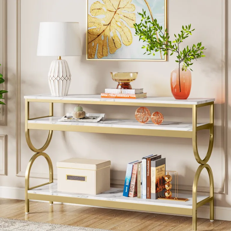 Discount Tribesigns Console Table, 55" Sofa Table with 3-Tier Storage Shelves