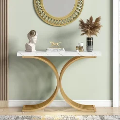 Online Tribesigns Console Table, Modern Faux Marble Entryway Sofa Table with Metal Base