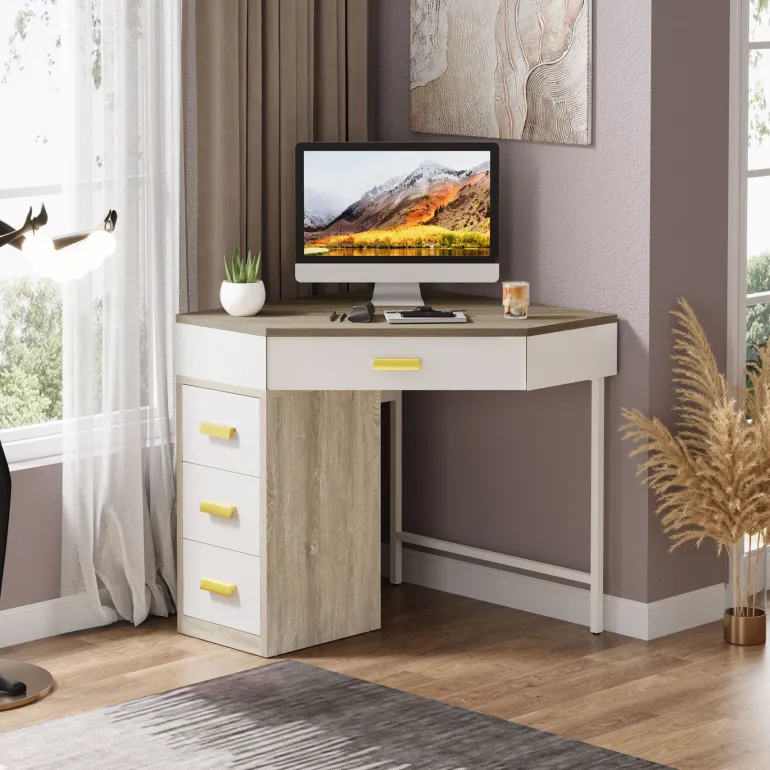 Best Sale Tribesigns Corner Desk, Triangle Computer Desk Makeup Vanity Desk with 3 Drawers