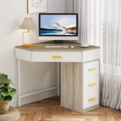 Best Sale Tribesigns Corner Desk, Triangle Computer Desk Makeup Vanity Desk with 3 Drawers