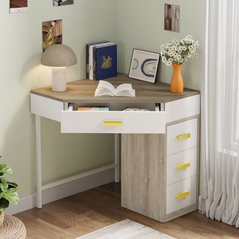 Best Sale Tribesigns Corner Desk, Triangle Computer Desk Makeup Vanity Desk with 3 Drawers