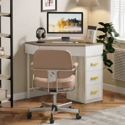 Best Sale Tribesigns Corner Desk, Triangle Computer Desk Makeup Vanity Desk with 3 Drawers