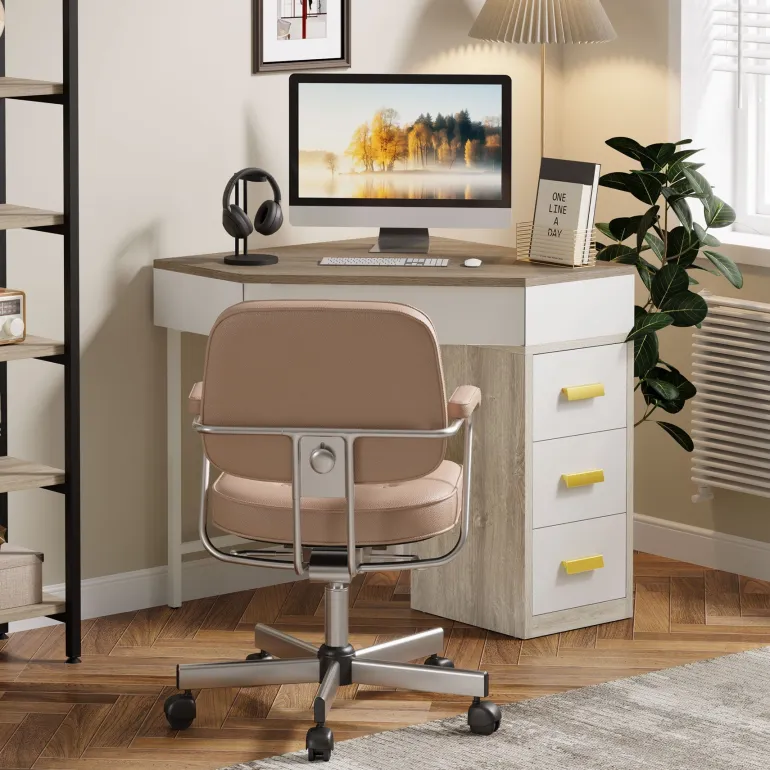 Best Sale Tribesigns Corner Desk, Triangle Computer Desk Makeup Vanity Desk with 3 Drawers