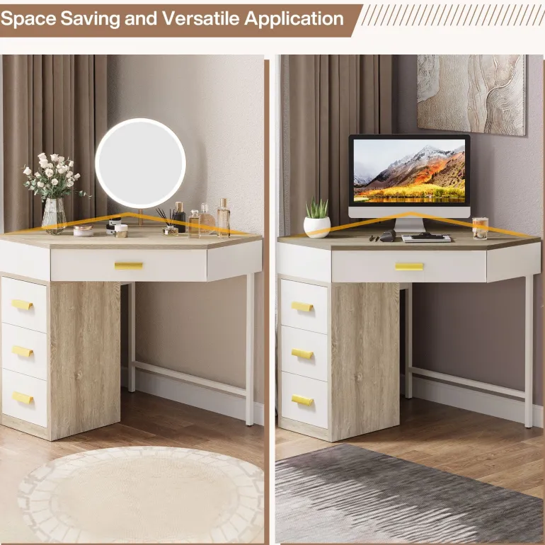 Best Sale Tribesigns Corner Desk, Triangle Computer Desk Makeup Vanity Desk with 3 Drawers