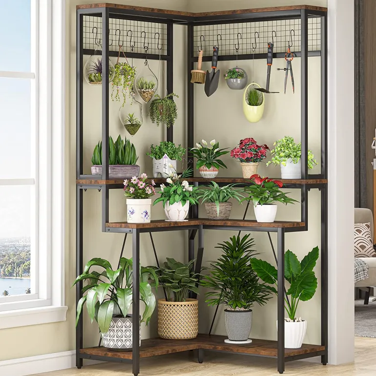 Fashion Tribesigns Corner Plant Stand, 67" Tall Flower Shelf with 15 Hanging Hooks