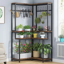 Fashion Tribesigns Corner Plant Stand, 67" Tall Flower Shelf with 15 Hanging Hooks