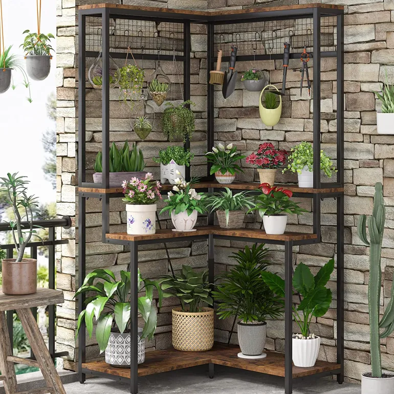 Fashion Tribesigns Corner Plant Stand, 67" Tall Flower Shelf with 15 Hanging Hooks