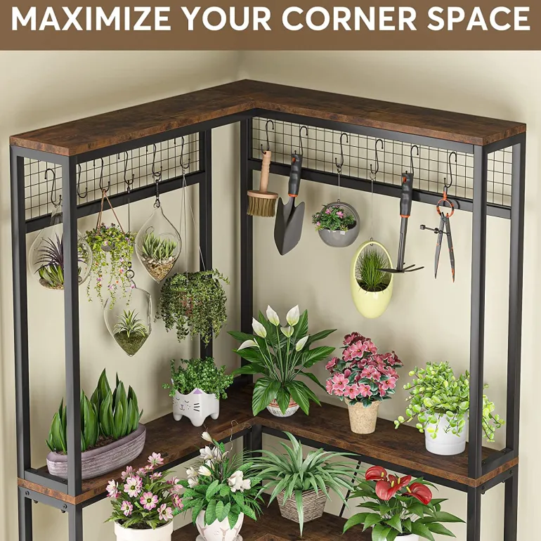 Fashion Tribesigns Corner Plant Stand, 67" Tall Flower Shelf with 15 Hanging Hooks