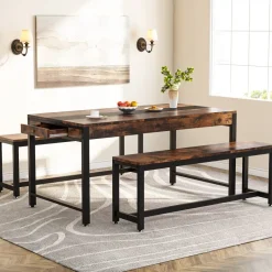 New Tribesigns Dining Table Set, Kitchen Breakfast Table with 2 Benches & Sided Drawer
