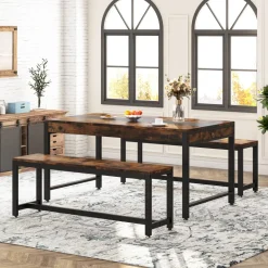 New Tribesigns Dining Table Set, Kitchen Breakfast Table with 2 Benches & Sided Drawer