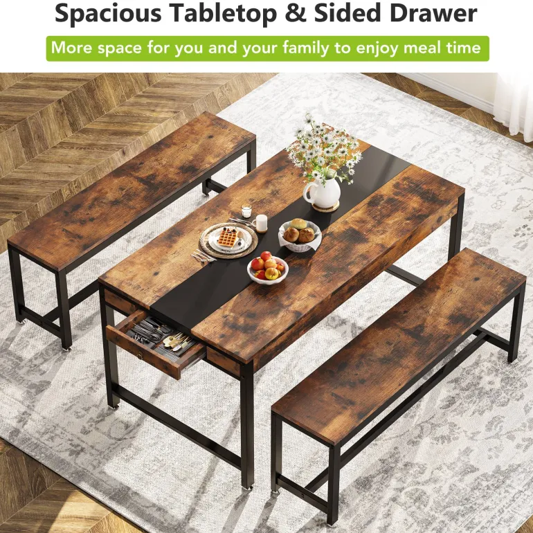 New Tribesigns Dining Table Set, Kitchen Breakfast Table with 2 Benches & Sided Drawer