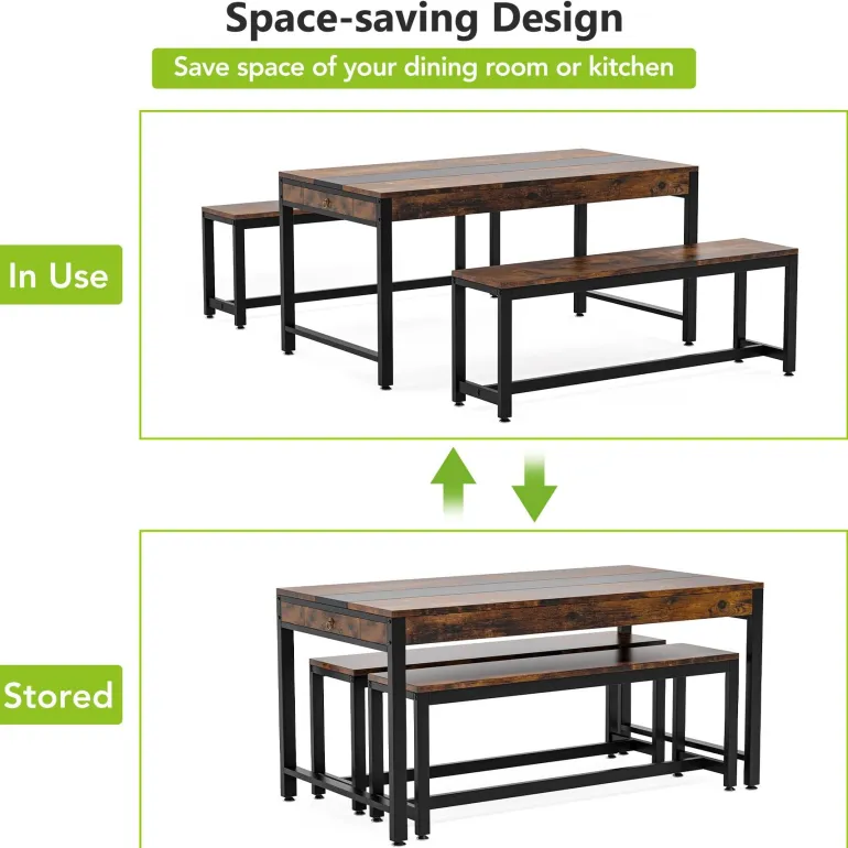 New Tribesigns Dining Table Set, Kitchen Breakfast Table with 2 Benches & Sided Drawer
