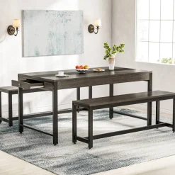 New Tribesigns Dining Table Set, Kitchen Breakfast Table with 2 Benches & Sided Drawer