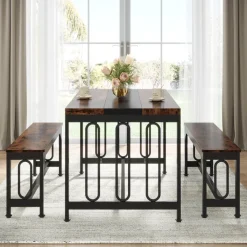 Cheap Tribesigns Dining Table Set, 3-Piece Kitchen Table with 2 Benches for 4-6 People
