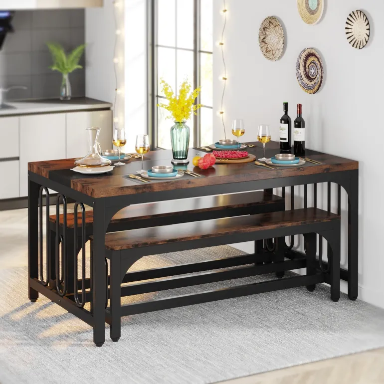 Cheap Tribesigns Dining Table Set, 3-Piece Kitchen Table with 2 Benches for 4-6 People
