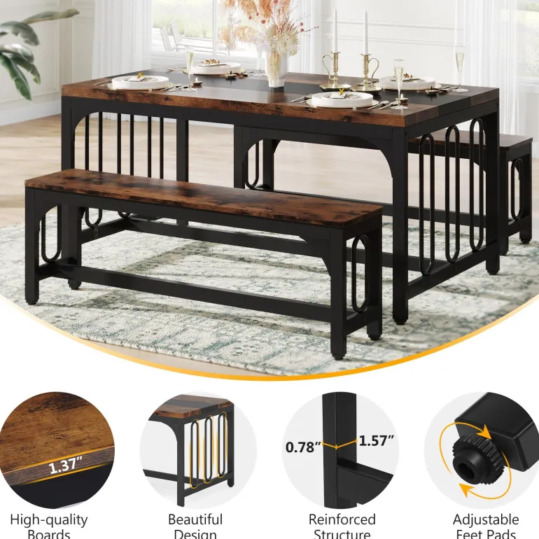 Cheap Tribesigns Dining Table Set, 3-Piece Kitchen Table with 2 Benches for 4-6 People