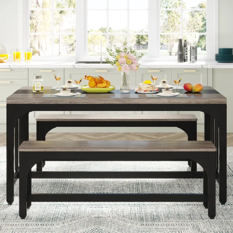 Cheap Tribesigns Dining Table Set, 3-Piece Kitchen Table with 2 Benches for 4-6 People