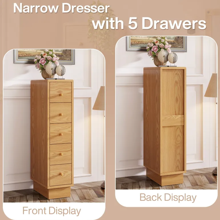 Fashion Tribesigns 5-Drawer Chest, Wood Narrow Dresser Storage Chest of Drawers