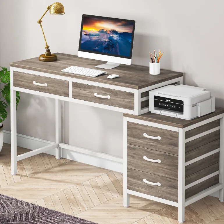 Online Tribesigns 5-Drawer Computer Desk, Study Writing Table with Reversible Drawer Cabinet