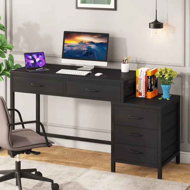 Online Tribesigns 5-Drawer Computer Desk, Study Writing Table with Reversible Drawer Cabinet
