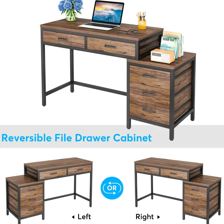 Online Tribesigns 5-Drawer Computer Desk, Study Writing Table with Reversible Drawer Cabinet